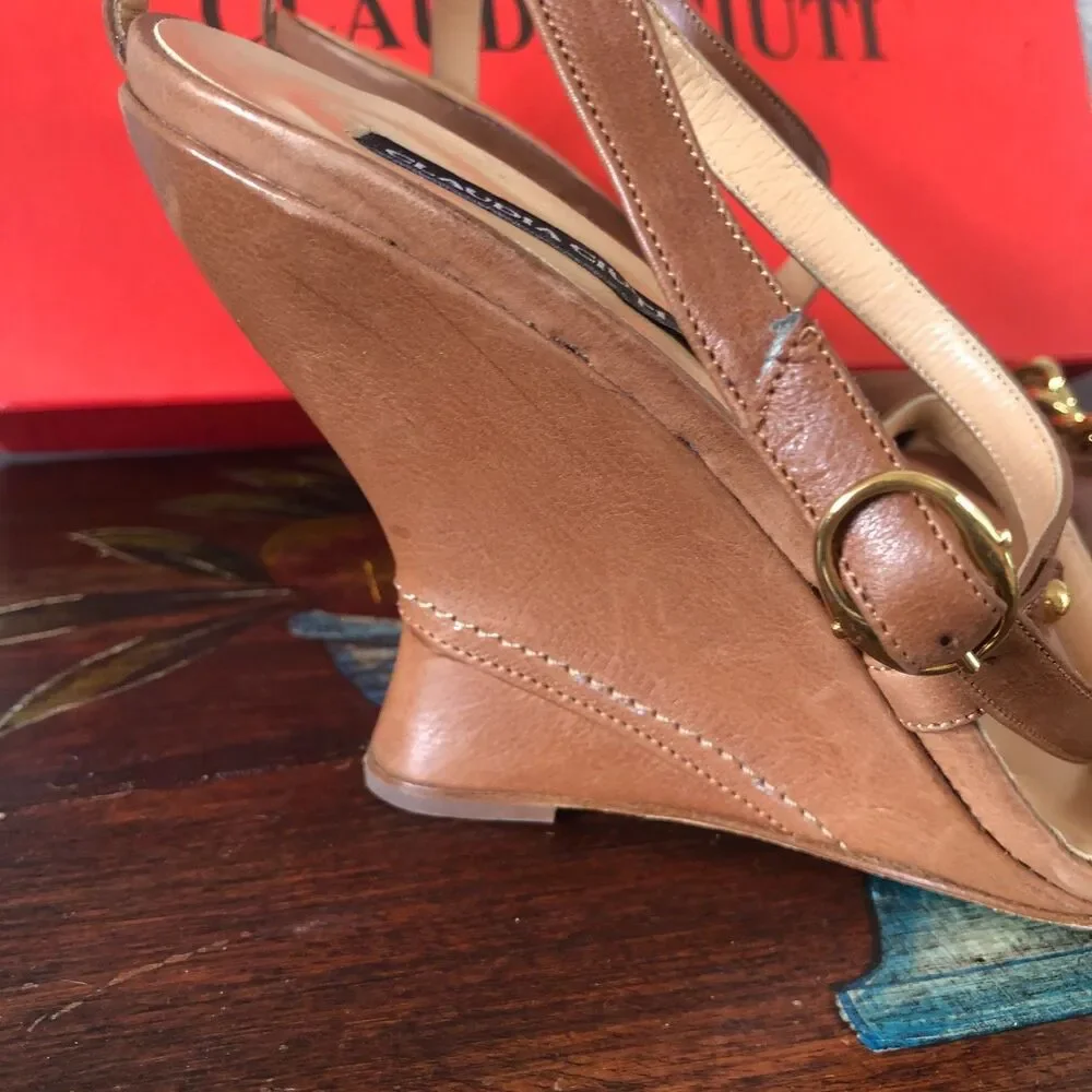 Claudia Ciuti Brown Leather Strappy Ankle Chain Sandals Retails $275 Size 9.5